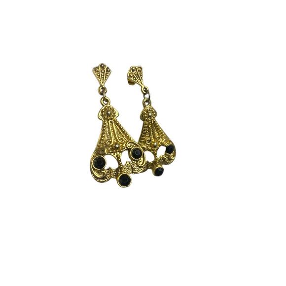 Goldtone Black Post Pierced Earrings Art Deco Style 2 Inch Drop - Picture 2 of 5